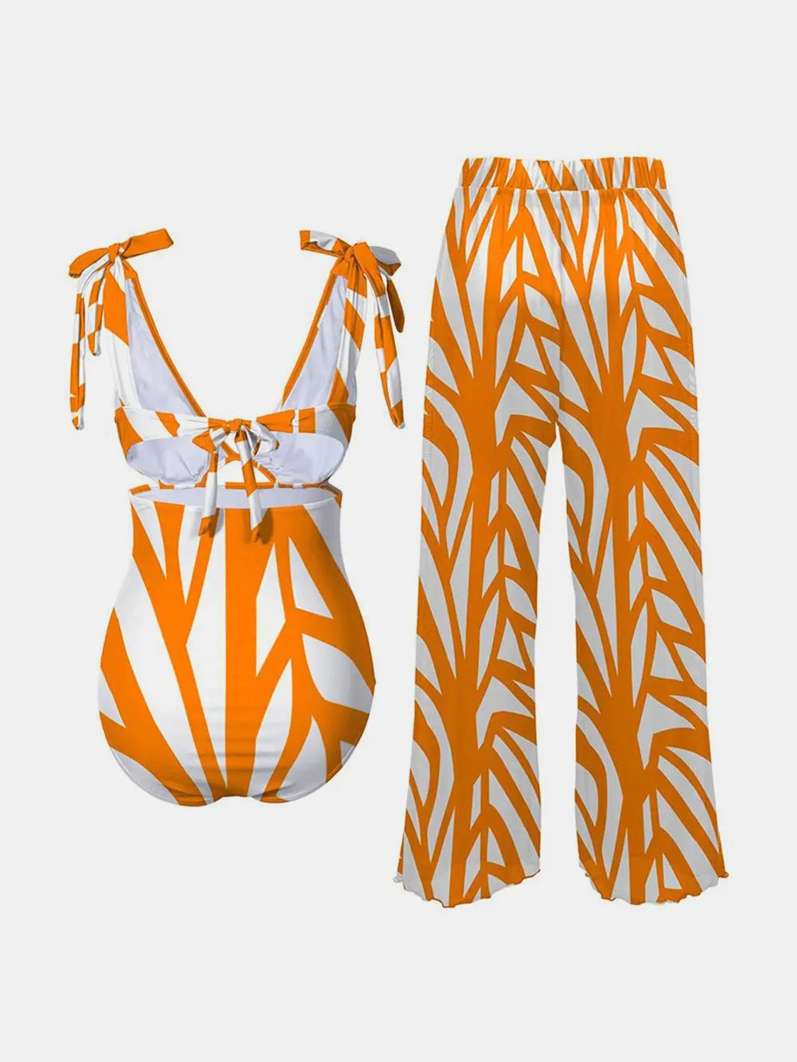 Printed Tie Shoulder Swimsuit and Pants Sets Trendsi