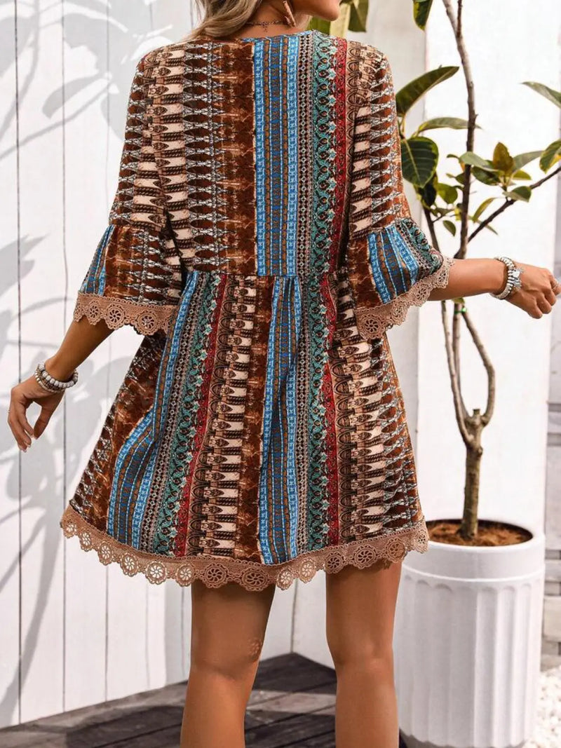 Lace Trim Printed V-Neck 3/4 Sleeve Dress Trendsi