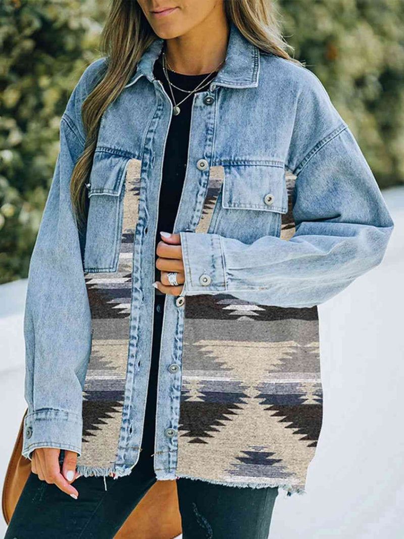 Collared Neck Dropped Shoulder Denim Jacket Trendsi