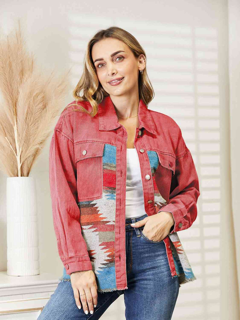 Dropped Shoulder Long Sleeve Printed Denim Jacket Trendsi