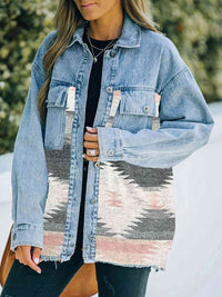 Collared Neck Dropped Shoulder Denim Jacket Trendsi
