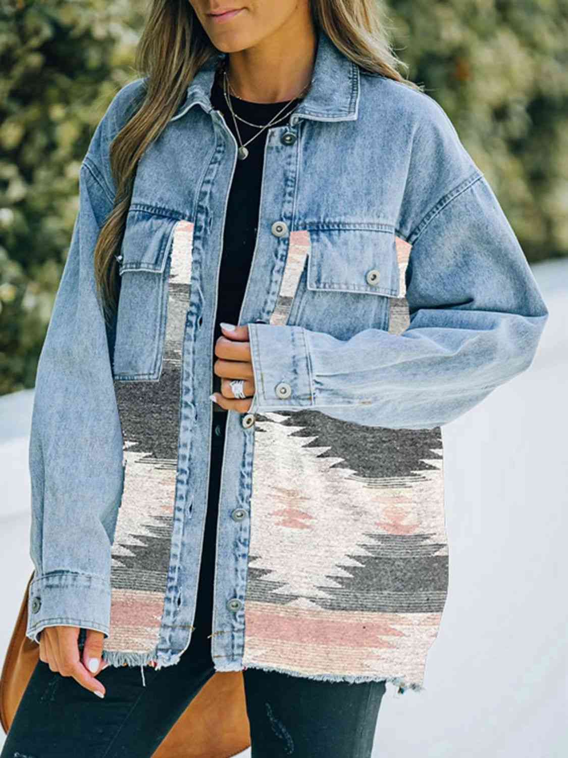 Collared Neck Dropped Shoulder Denim Jacket Trendsi