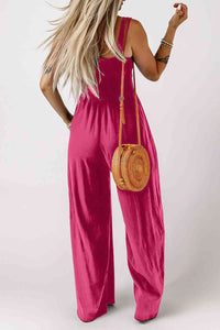 Smocked Square Neck Wide Leg Jumpsuit with Pockets - Makuwa Swim Wear