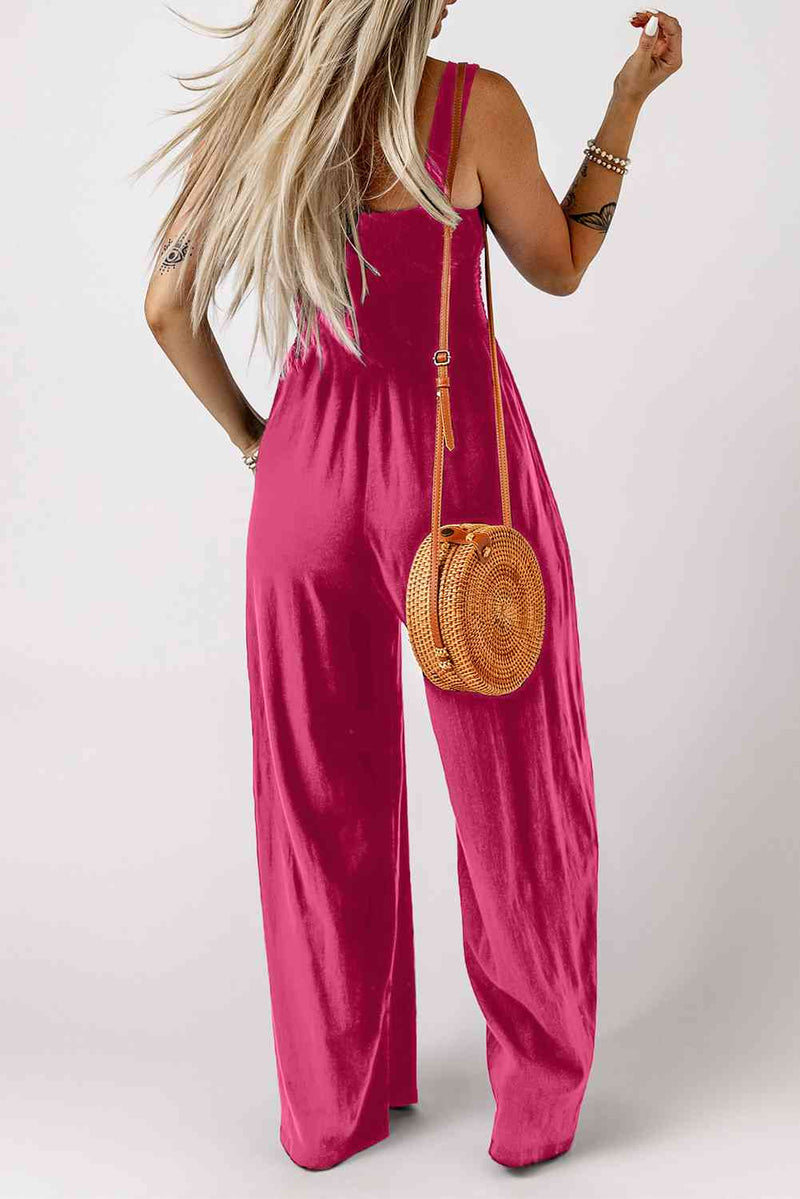 Smocked Square Neck Wide Leg Jumpsuit with Pockets - Makuwa Swim Wear