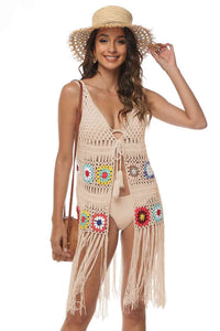 Openwork Fringe Detail Embroidery Sleeveless Cover-Up Trendsi