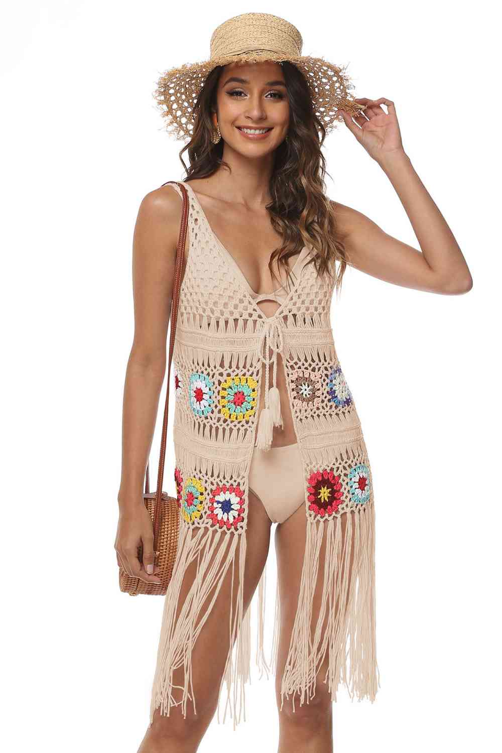 Openwork Fringe Detail Embroidery Sleeveless Cover-Up Trendsi