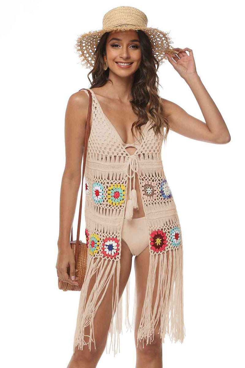 Openwork Fringe Detail Embroidery Sleeveless Cover-Up Trendsi