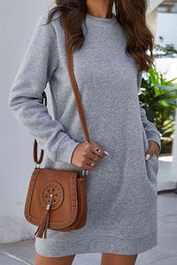 Round Neck Long Sleeve Mini Dress with Pockets Trendsi