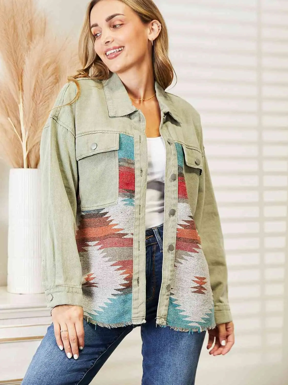 Dropped Shoulder Long Sleeve Printed Denim Jacket Trendsi