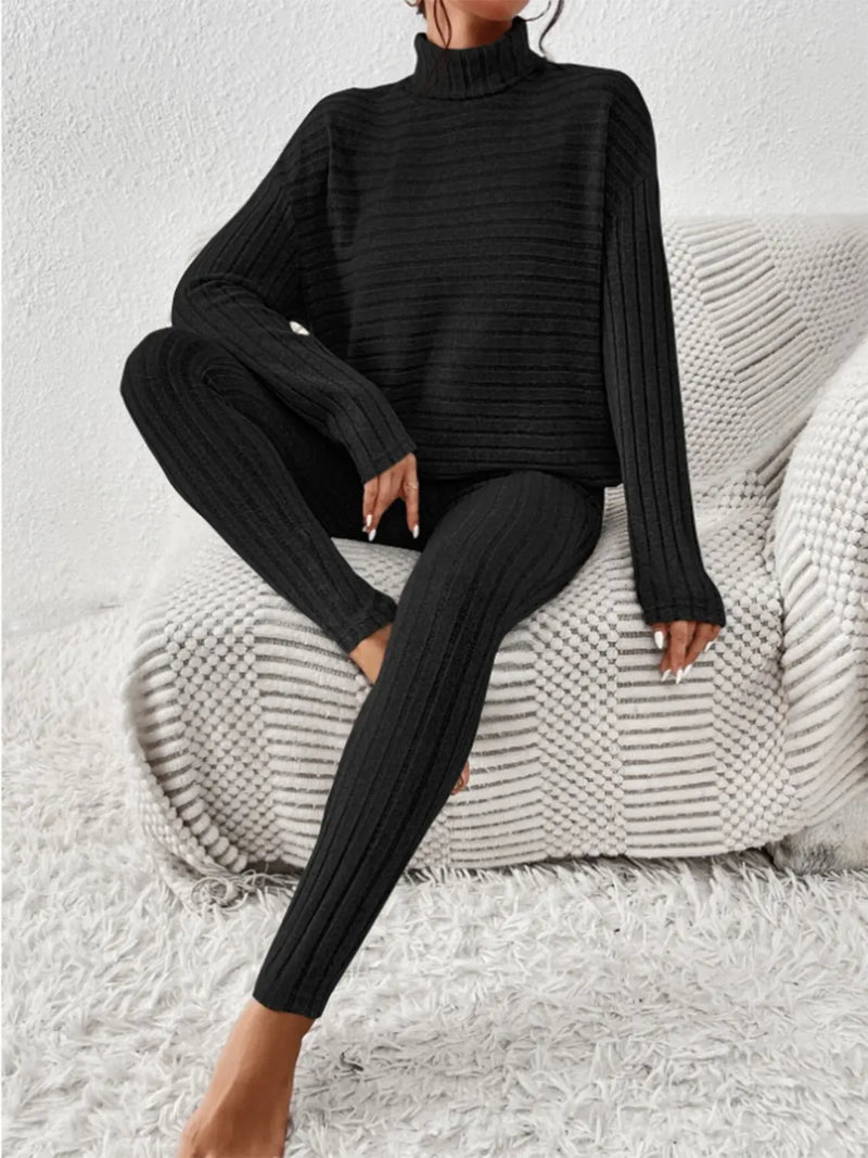 Ribbed Turtleneck Top and Pants Set Trendsi