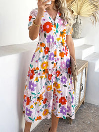 Devine Printed Johnny Collar Button Down Short Sleeve Midi Shirt Dress Trendsi