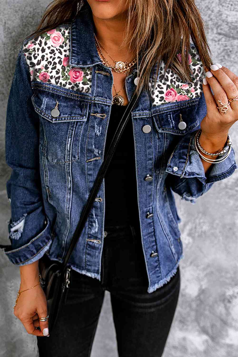 Mixed Print Distressed Button Front Denim Jacket - Makuwa Swim Wear