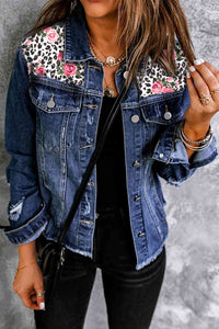 Mixed Print Distressed Button Front Denim Jacket - Makuwa Swim Wear