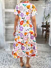 Devine Printed Johnny Collar Button Down Short Sleeve Midi Shirt Dress Trendsi