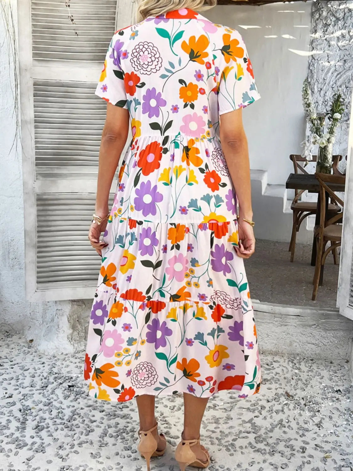 Devine Printed Johnny Collar Button Down Short Sleeve Midi Shirt Dress Trendsi