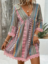 Lace Trim Printed V-Neck 3/4 Sleeve Dress Trendsi