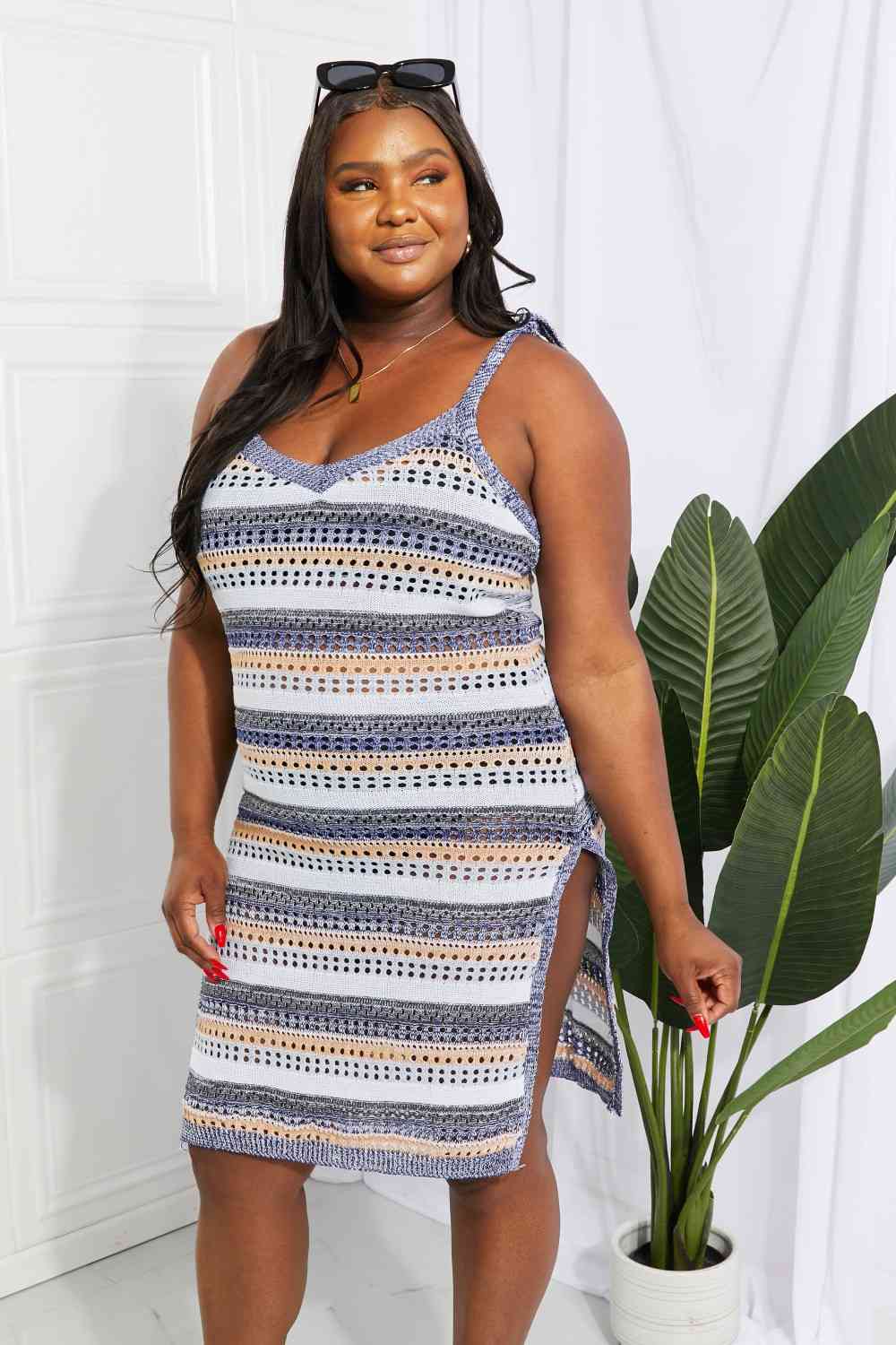 Striped Tie Shoulder Split Cover Up Dress Trendsi