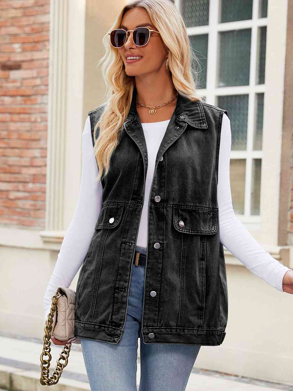 Button Up Collared Neck Denim Jacket with Pockets Trendsi
