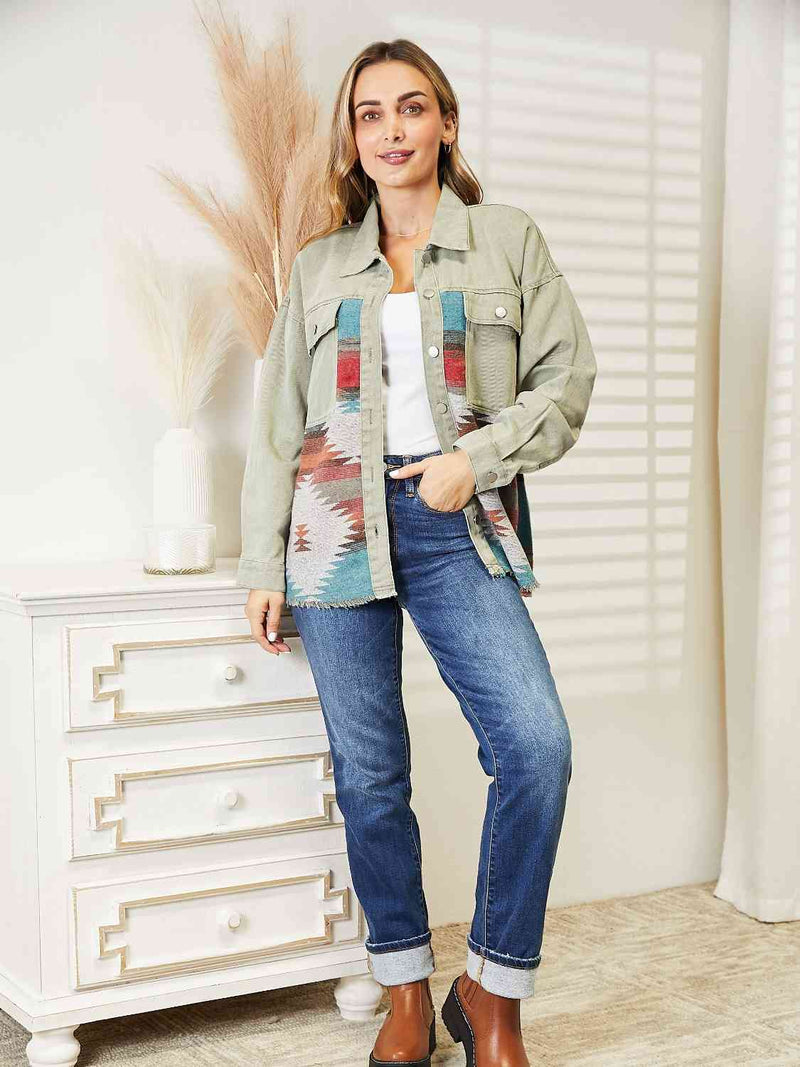 Dropped Shoulder Long Sleeve Printed Denim Jacket Trendsi