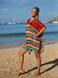 Cutout Striped Cover-Up with Tassel Trendsi