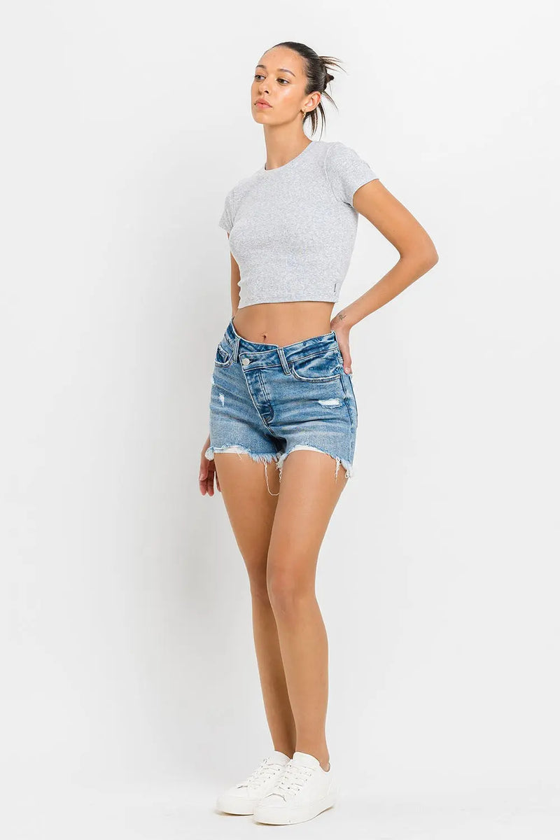 Lovervet Stepped Waist Raw Hem Denim Shorts Trendsi