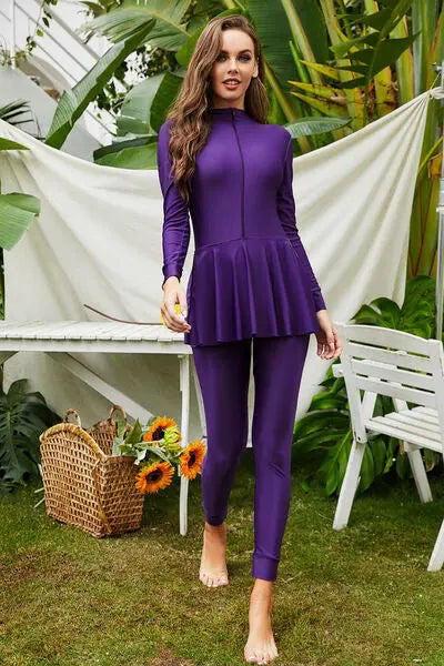 Mock Neck Long Sleeve One-Piece Swimwear Trendsi