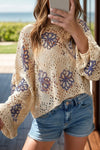 Openwork Round Neck Long Sleeve Knit Top Trendsi