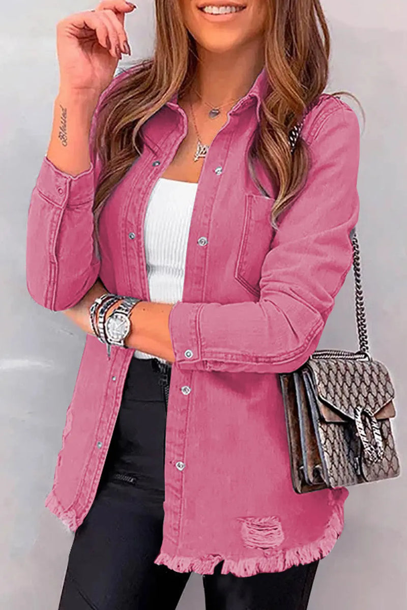 Distressed Raw Hem Snap Down Denim Jacket Trendsi
