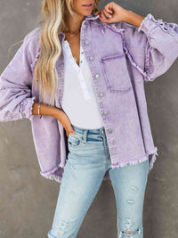 Button Down Raw Hem Denim Jacket Trendsi
