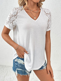 Lace Detail V-Neck Short Sleeve T-Shirt Trendsi
