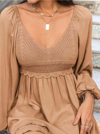 Crochet V-Neck Balloon Sleeve Dress Trendsi