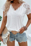 Eyelet Lace Detail V-Neck T-Shirt Trendsi