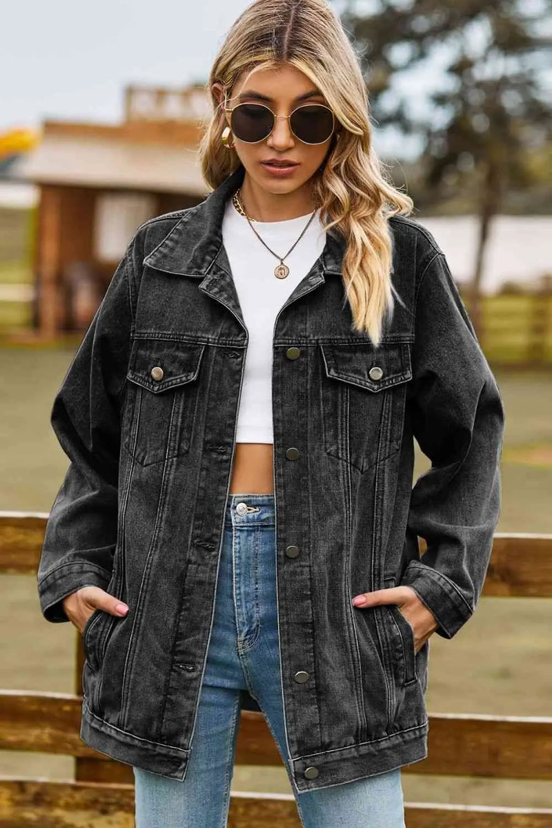 Buttoned Collared Neck Denim Jacket with Pockets Trendsi