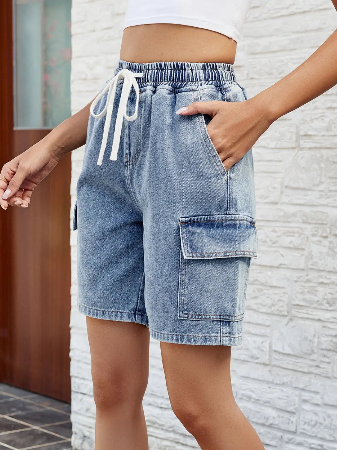 Drawstring Denim Shorts with Pockets Trendsi