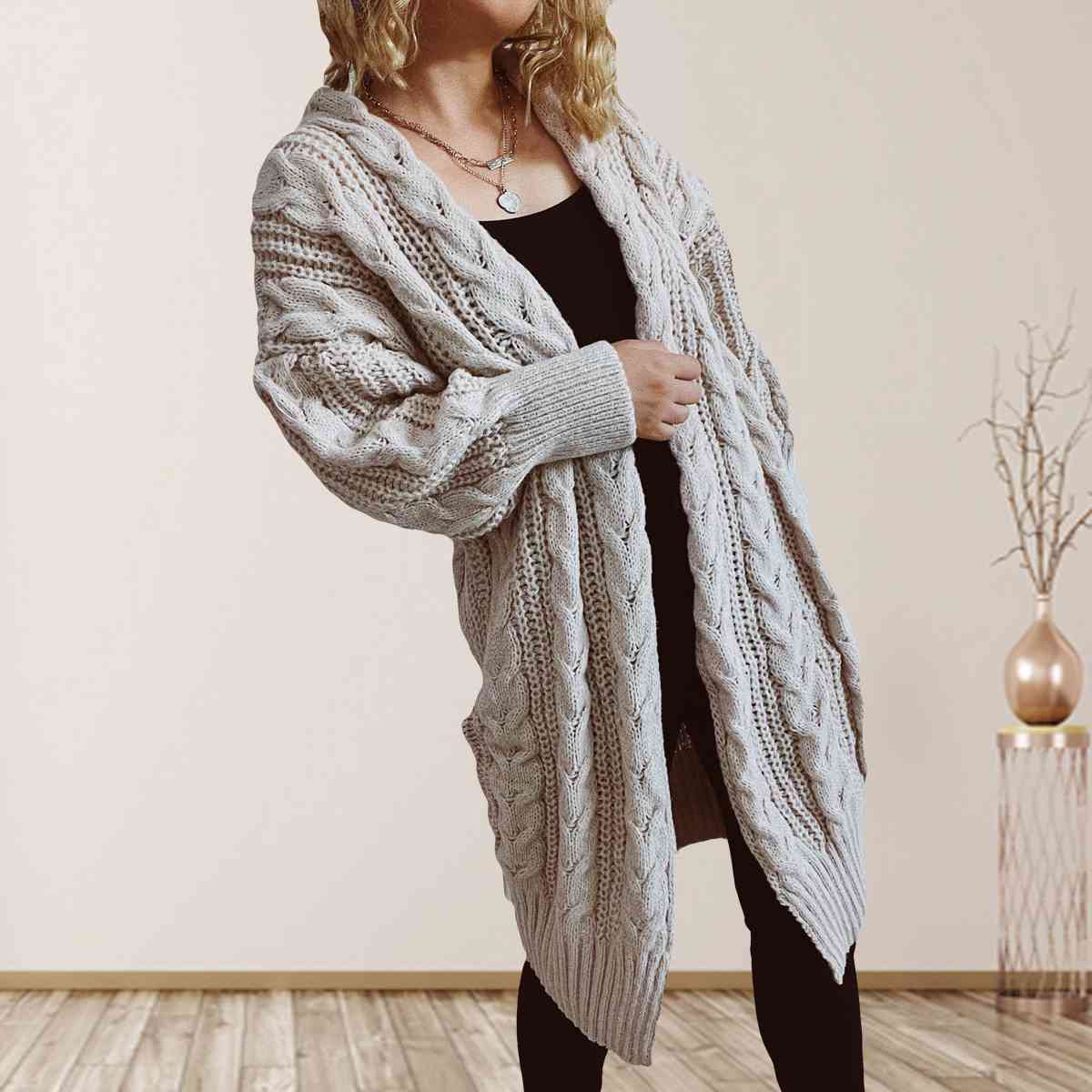 Cable-Knit Open Front Dropped Shoulder Cardigan Trendsi