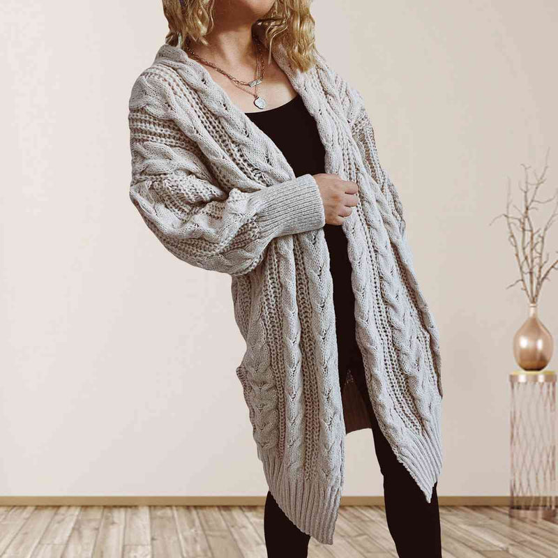 Cable-Knit Open Front Dropped Shoulder Cardigan Trendsi