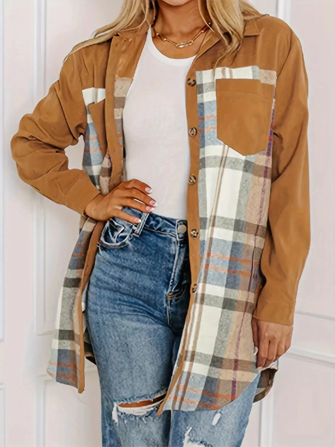 Plaid Collared Neck Long Sleeve Jacket Trendsi