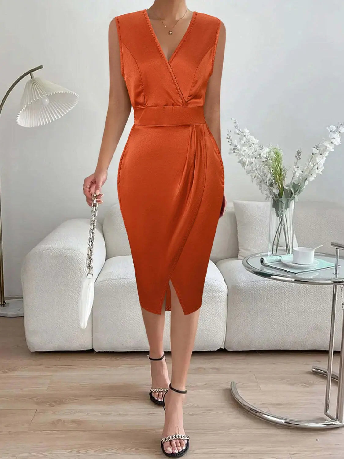 Slit Surplice Sleeveless Midi Dress Trendsi