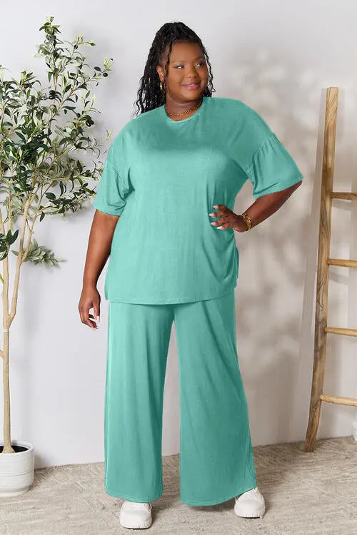 Double Take Full Size Round Neck Slit Top and Pants Trendsi