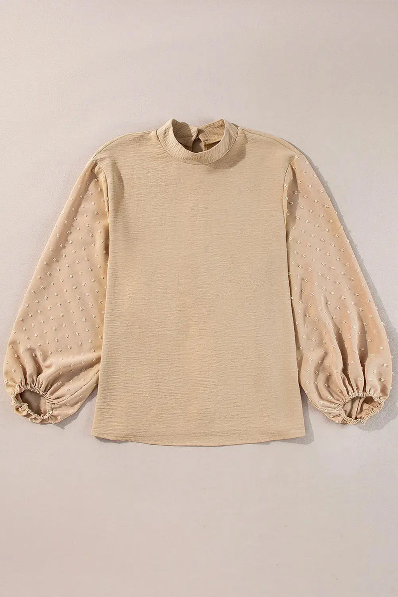 Swiss Dot Mock Neck Balloon Sleeve Blouse - Makuwa Swim Wear