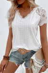 Eyelet Lace Detail V-Neck T-Shirt Trendsi