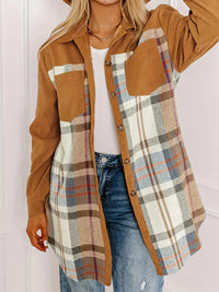 Plaid Collared Neck Long Sleeve Jacket Trendsi