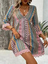 Lace Trim Printed V-Neck 3/4 Sleeve Dress Trendsi