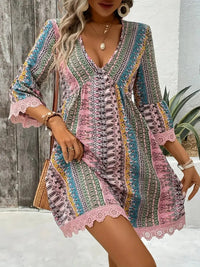 Lace Trim Printed V-Neck 3/4 Sleeve Dress Trendsi