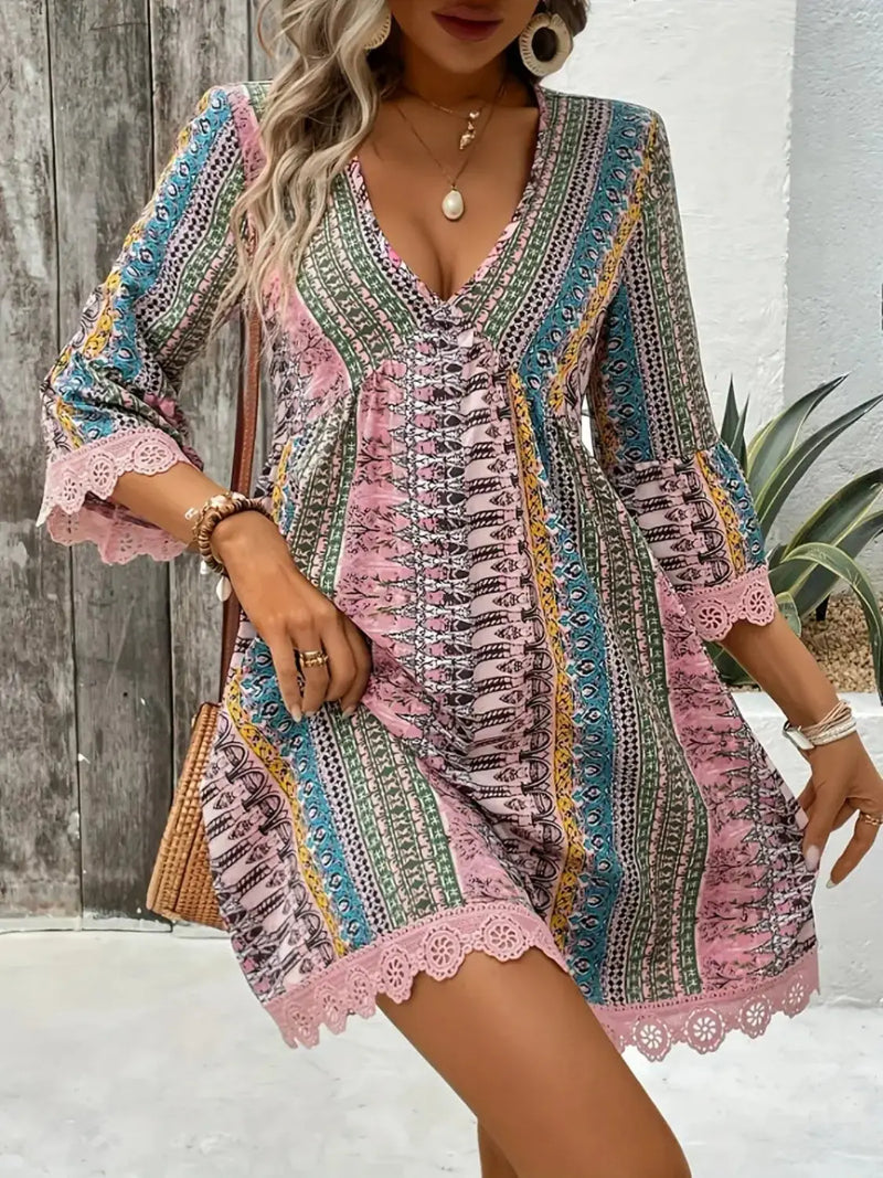 Lace Trim Printed V-Neck 3/4 Sleeve Dress Trendsi