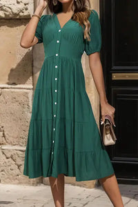 V-Neck Button Up Balloon Sleeve Midi Dress Trendsi