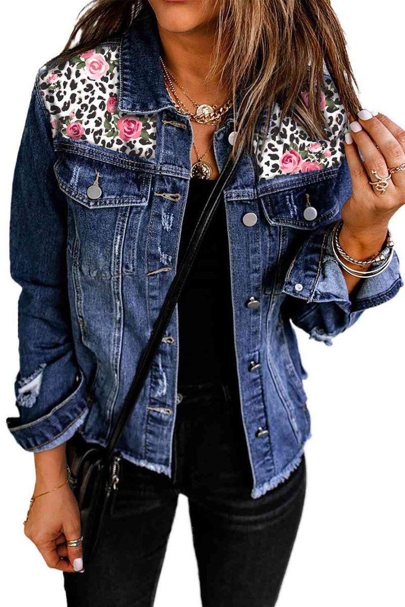 Mixed Print Distressed Button Front Denim Jacket - Makuwa Swim Wear