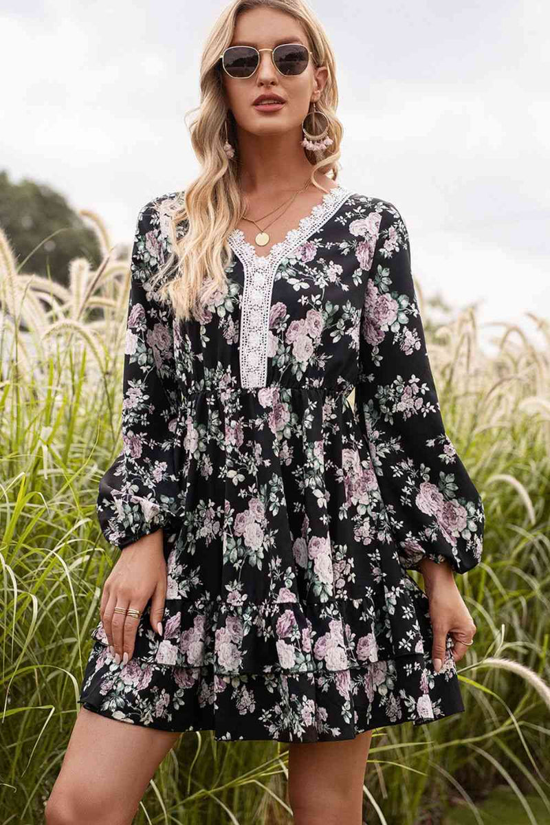 Floral Lace Trim Long Sleeve Dress Trendsi