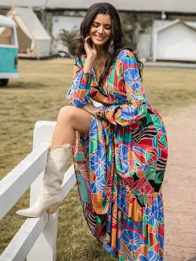 Printed Smocked Tie Neck Balloon Sleeve Maxi Dress Trendsi