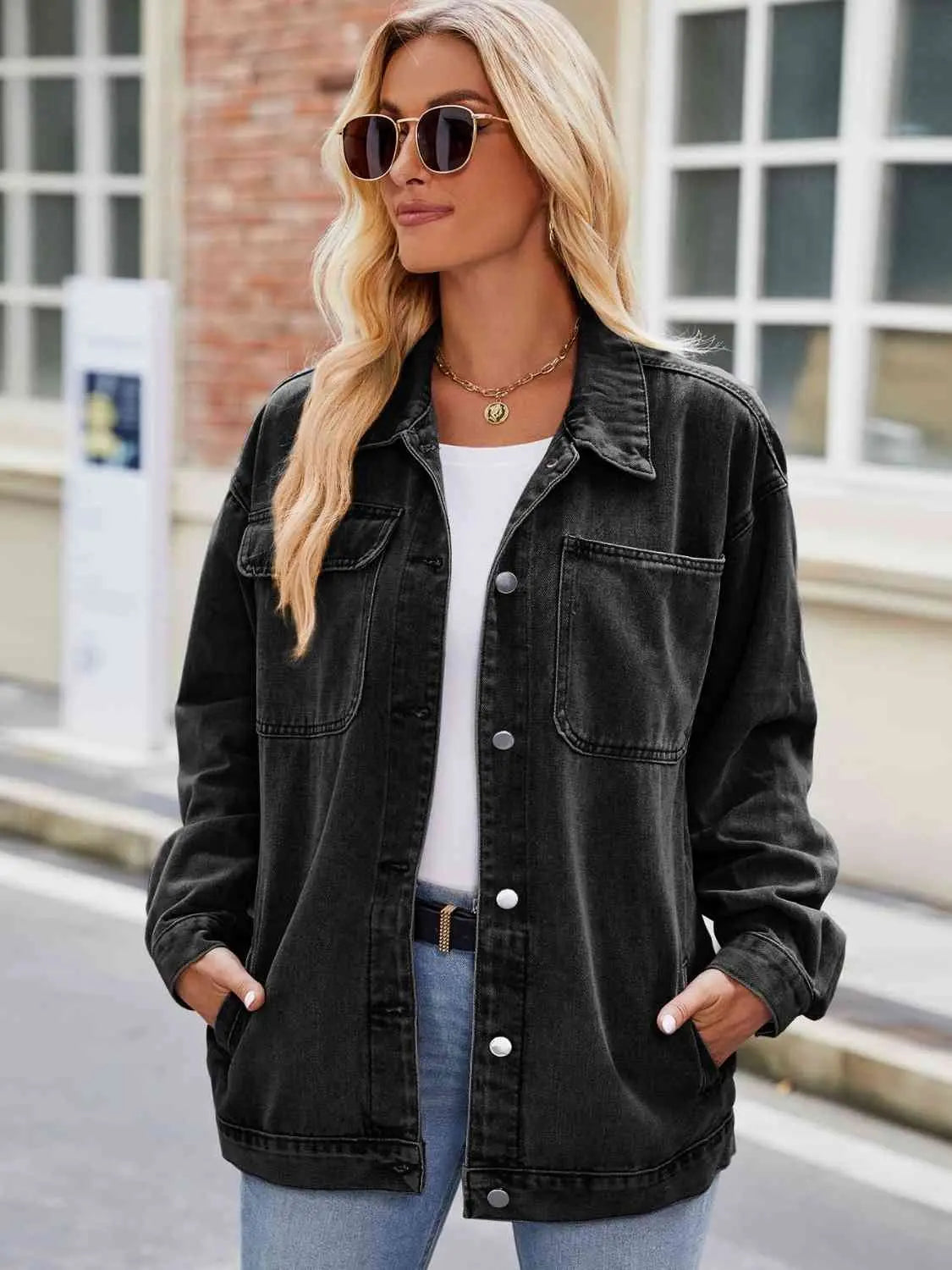 Button Up Denim Jacket with Pockets Trendsi